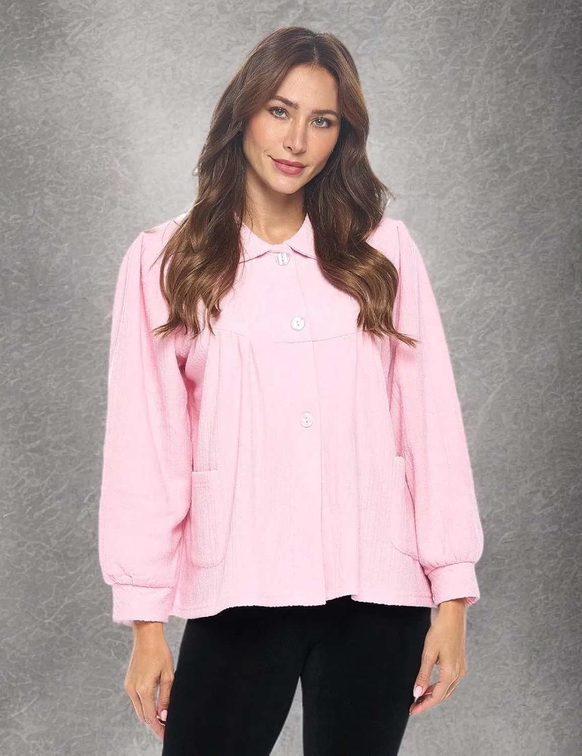 Casual Nights Women's Chenille Bed Jacket, Button Front Long Sleeve Sleep Top with Pockets