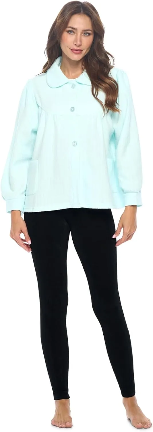Casual Nights Women's Chenille Bed Jacket, Button Front Long Sleeve Sleep Top with Pockets