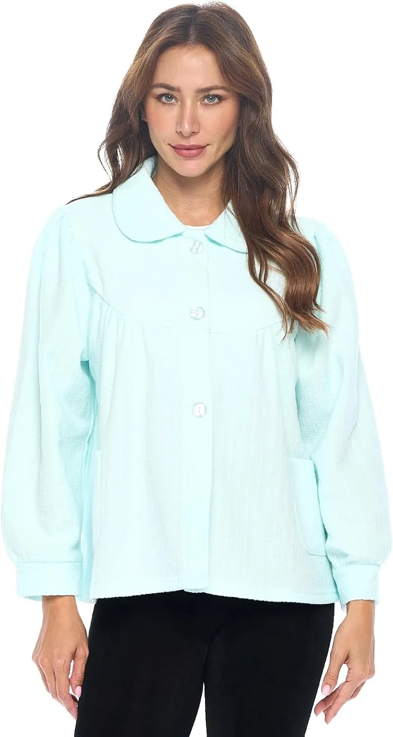 Casual Nights Women's Chenille Bed Jacket, Button Front Long Sleeve Sleep Top with Pockets
