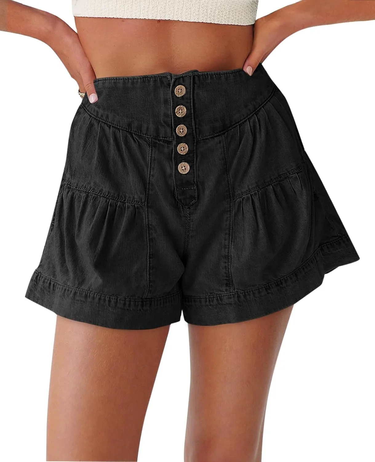 Cicy Bell Womens Summer Flowy Jean Shorts Button Up High Waisted Wide Leg Denim Skort with Pockets
