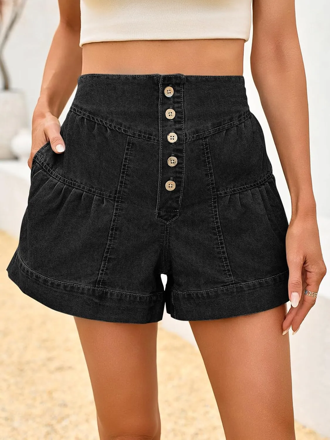 Cicy Bell Womens Summer Flowy Jean Shorts Button Up High Waisted Wide Leg Denim Skort with Pockets