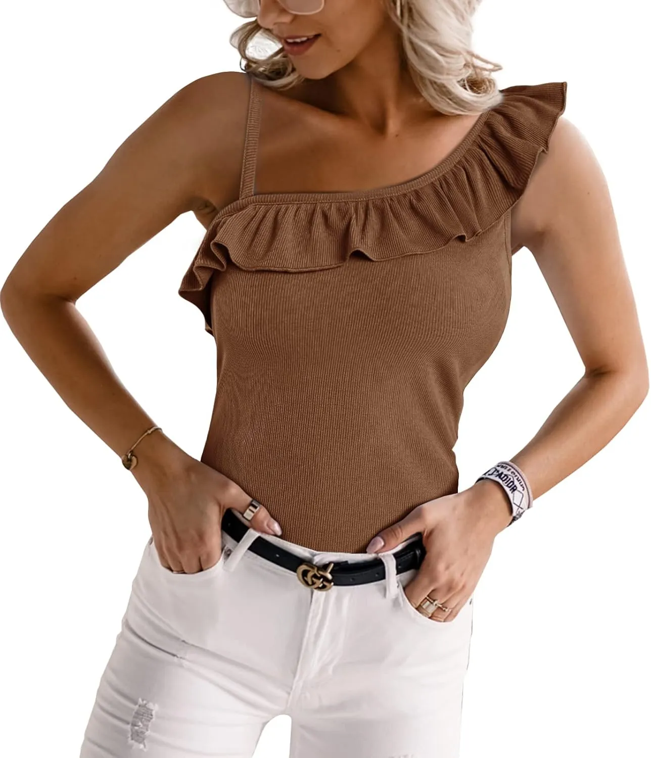 CNJFJ Womens Summer Bodycon Camisoles One Shoulder Strap Square Neck Blouse Rib Knitted Ruffle Tank Tops