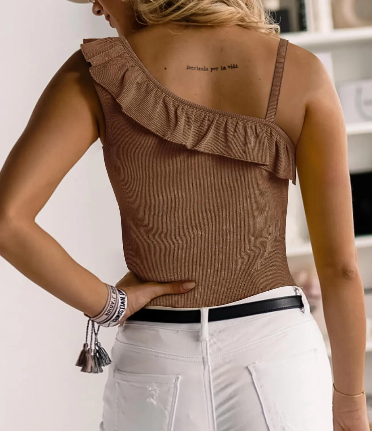 CNJFJ Womens Summer Bodycon Camisoles One Shoulder Strap Square Neck Blouse Rib Knitted Ruffle Tank Tops