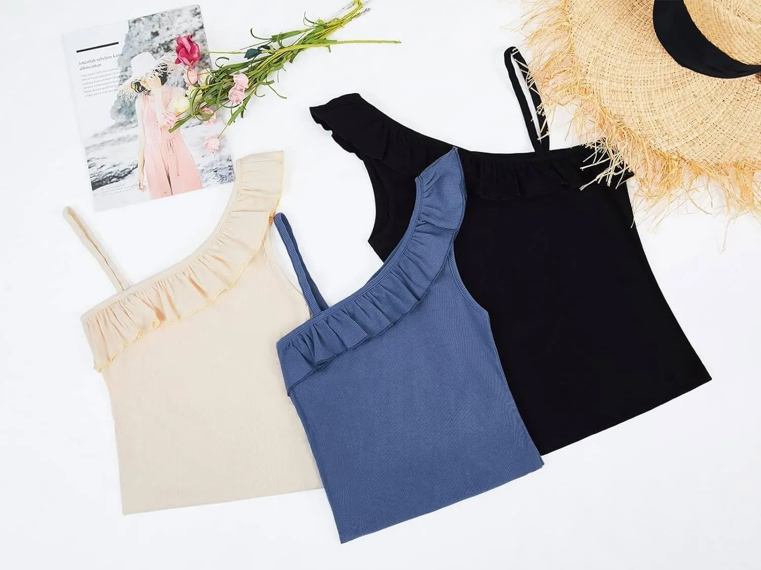 CNJFJ Womens Summer Bodycon Camisoles One Shoulder Strap Square Neck Blouse Rib Knitted Ruffle Tank Tops