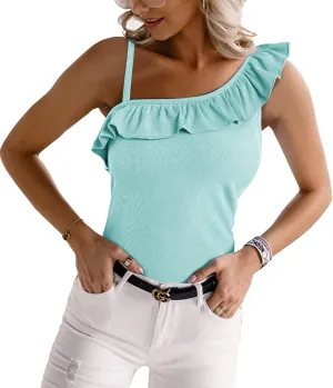 CNJFJ Womens Summer Bodycon Camisoles One Shoulder Strap Square Neck Blouse Rib Knitted Ruffle Tank Tops