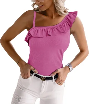 CNJFJ Womens Summer Bodycon Camisoles One Shoulder Strap Square Neck Blouse Rib Knitted Ruffle Tank Tops