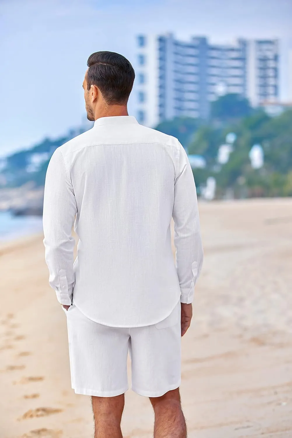 COOFANDY Linen Sets For Men 2 Piece Button Down Shirt Long Sleeve and Casual Beach Drawstring Waist Shorts Summer Outfits