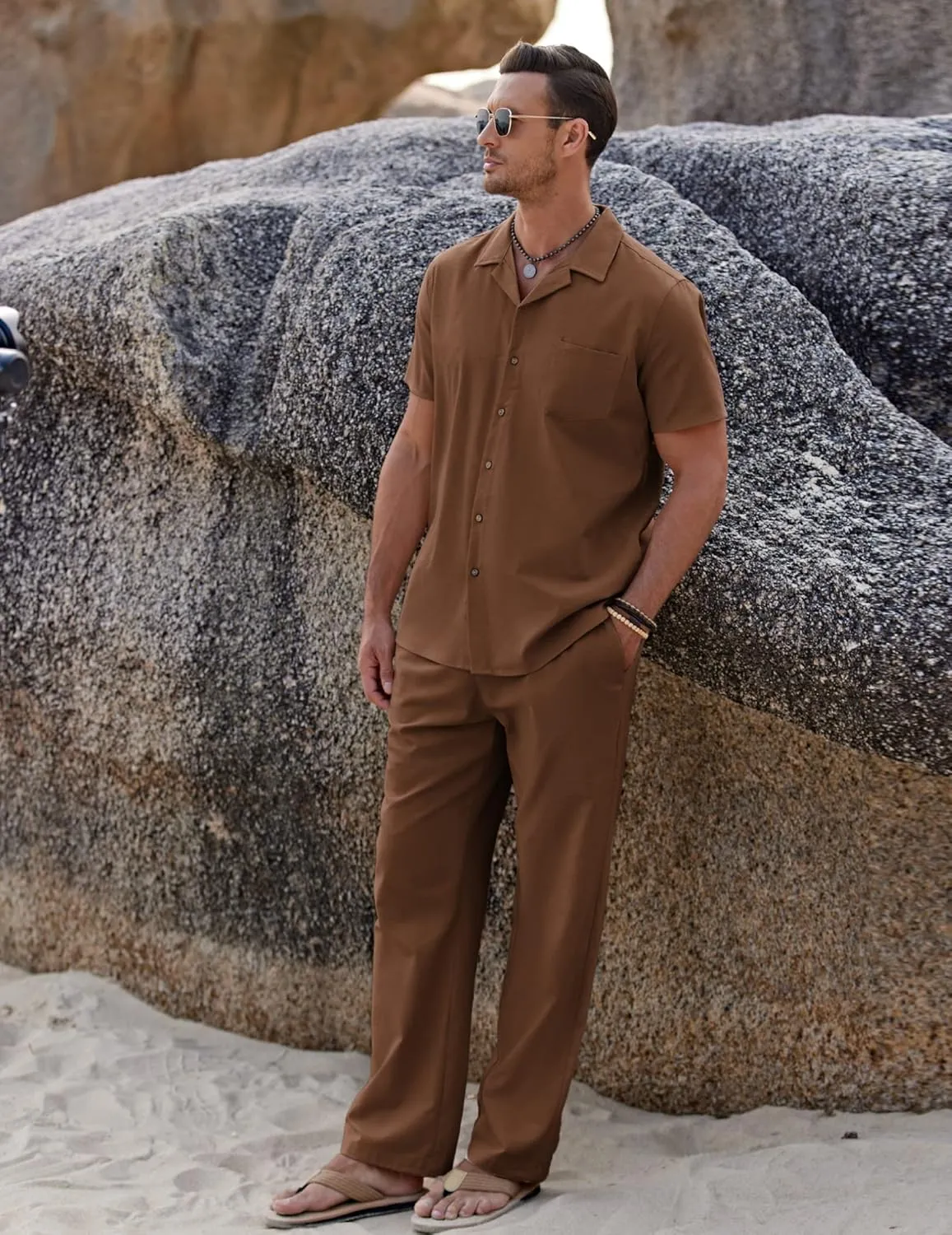 COOFANDY Men 2 Piece Linen Outfit Beach Button Down Shirt Casual Loose Pant Sets
