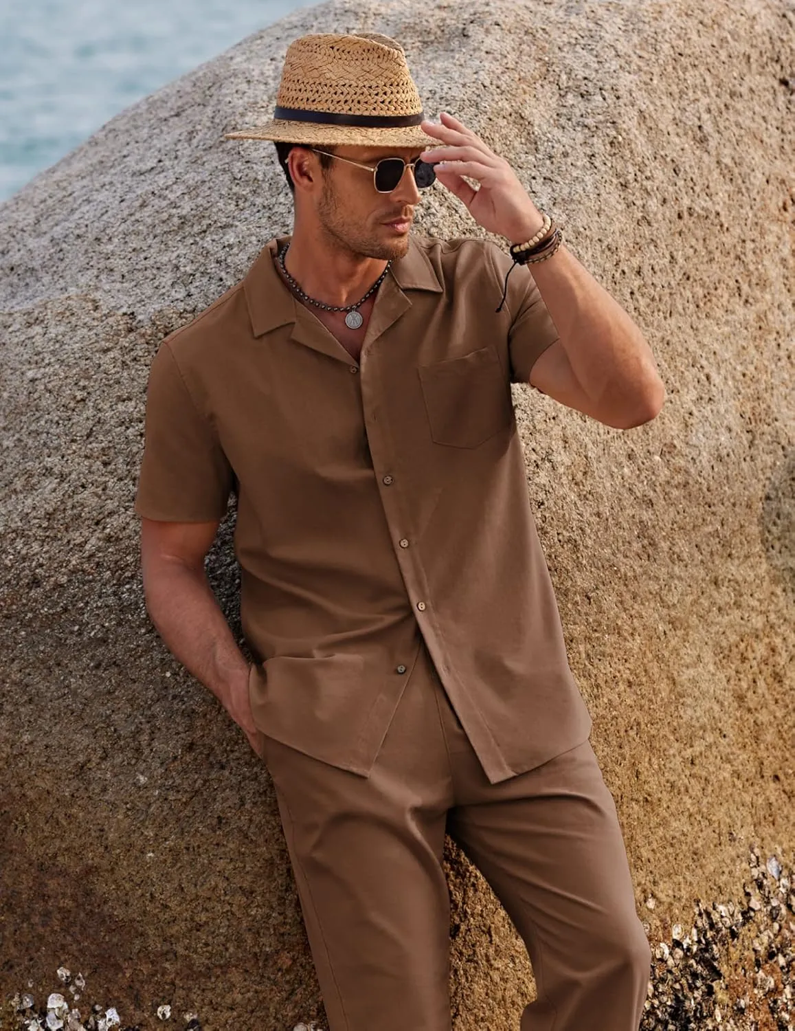 COOFANDY Men 2 Piece Linen Outfit Beach Button Down Shirt Casual Loose Pant Sets