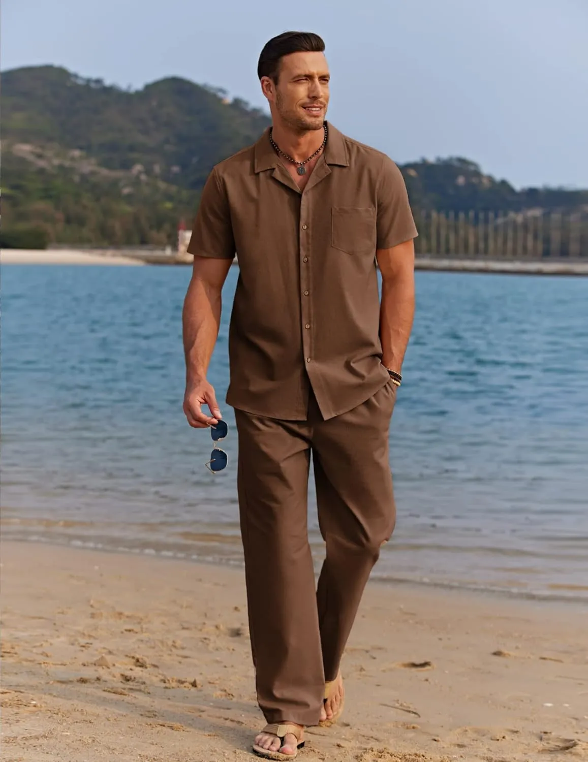 COOFANDY Men 2 Piece Linen Outfit Beach Button Down Shirt Casual Loose Pant Sets