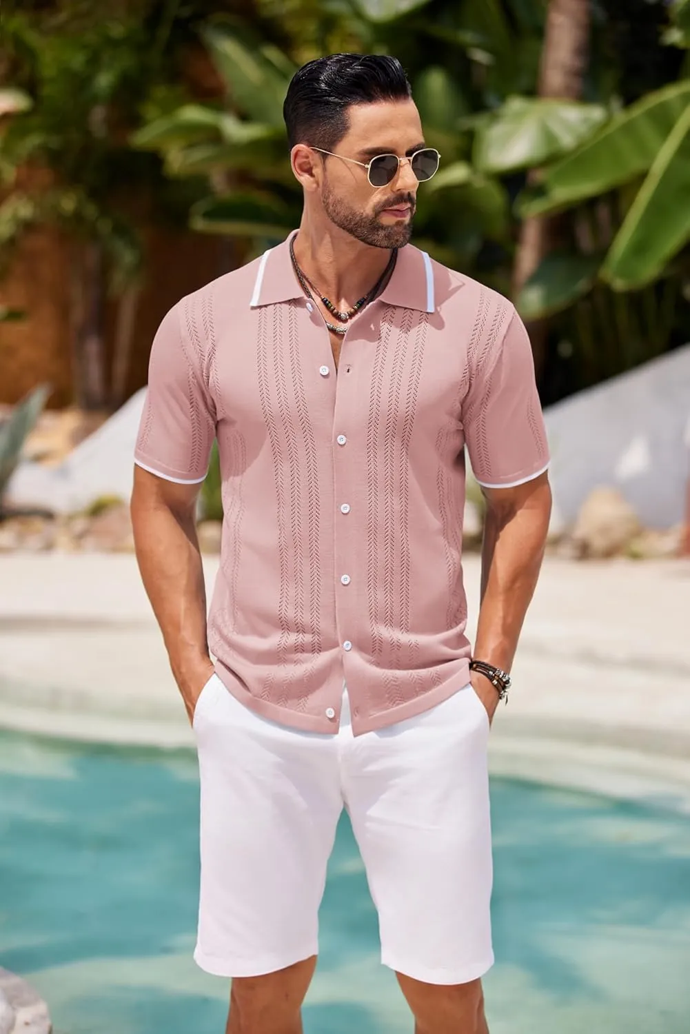 COOFANDY Men's Knit Button Down Shirt Vintage Short Sleeve Polo Shirts Casual Beach Tops