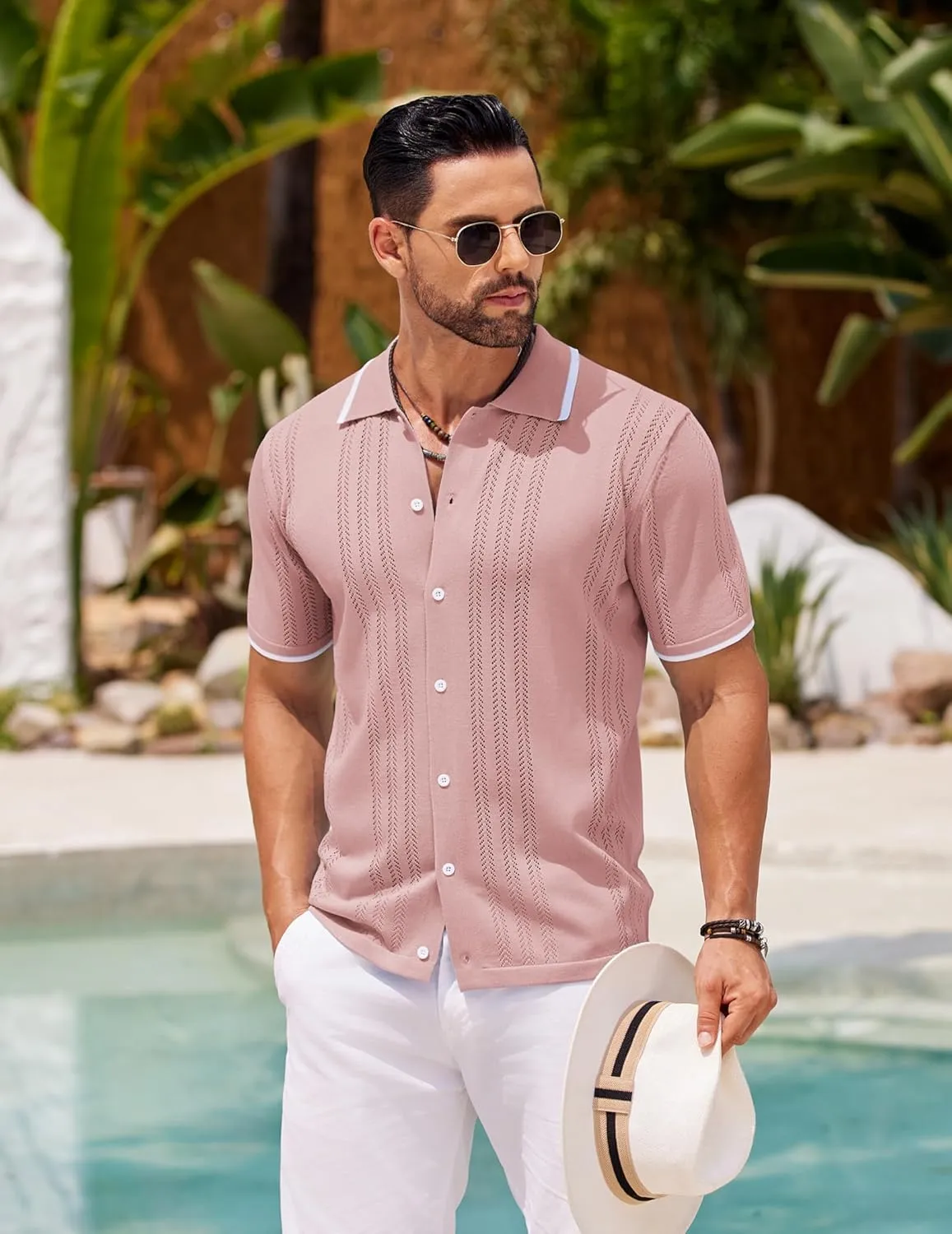 COOFANDY Men's Knit Button Down Shirt Vintage Short Sleeve Polo Shirts Casual Beach Tops