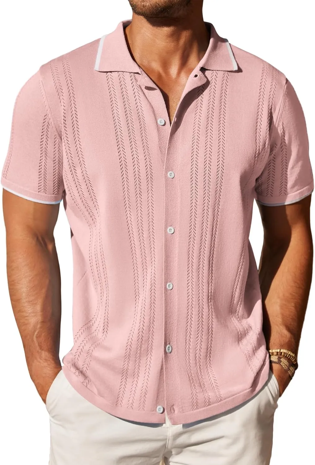 COOFANDY Men's Knit Button Down Shirt Vintage Short Sleeve Polo Shirts Casual Beach Tops