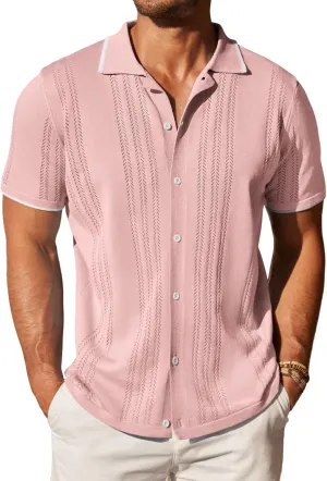 COOFANDY Men's Knit Button Down Shirt Vintage Short Sleeve Polo Shirts Casual Beach Tops