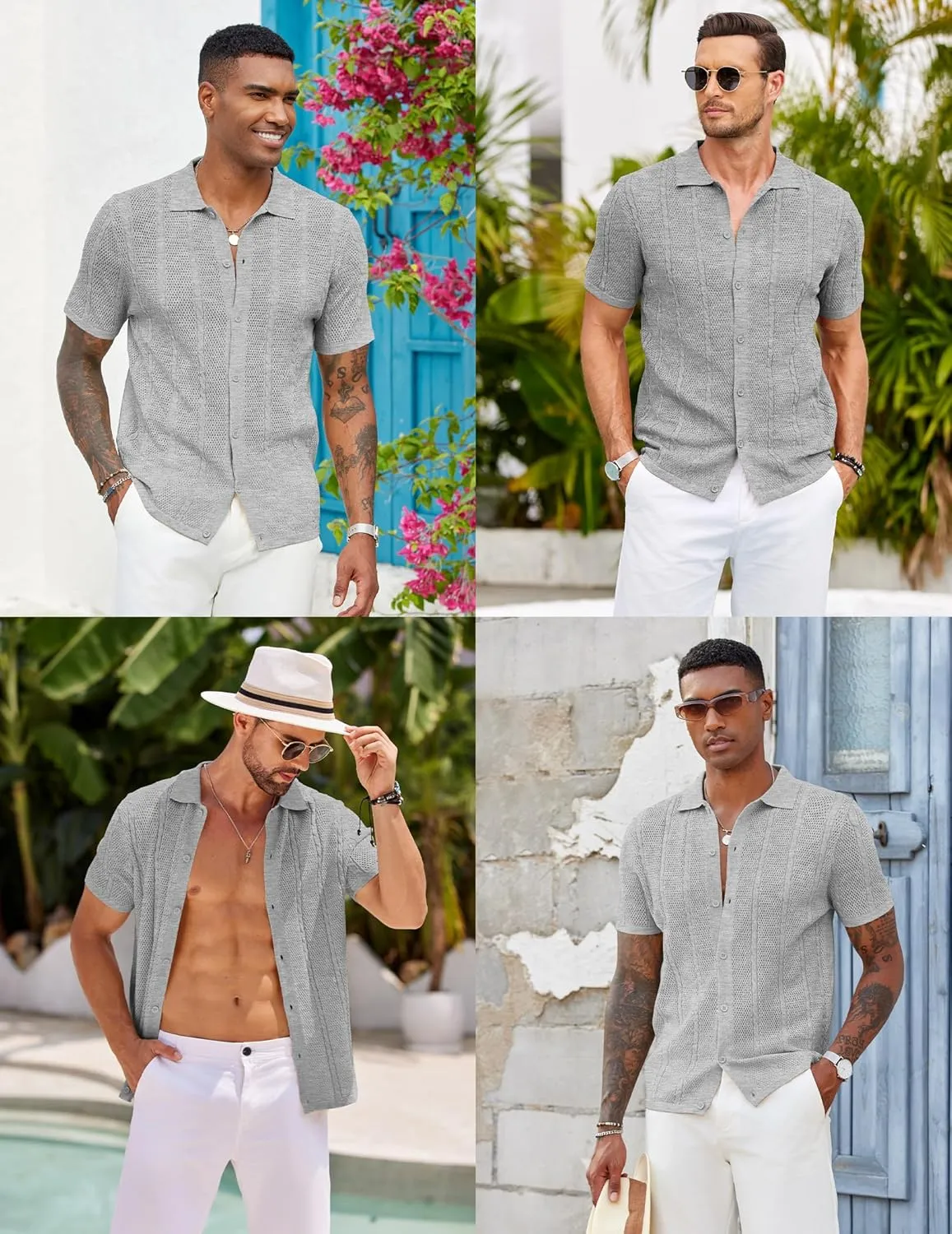COOFANDY Mens Knit Button Down Shirts Casual Textured Polo Shirt Short Sleeve Vintage Summer Beach Tops