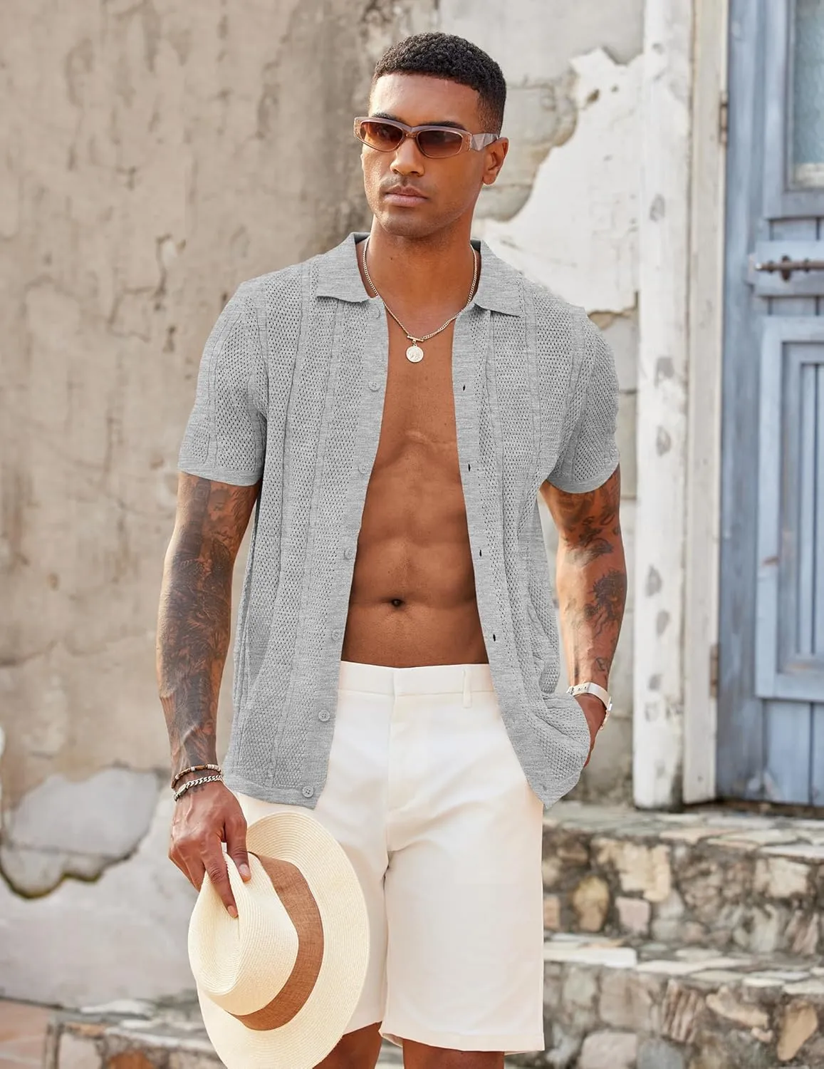 COOFANDY Mens Knit Button Down Shirts Casual Textured Polo Shirt Short Sleeve Vintage Summer Beach Tops