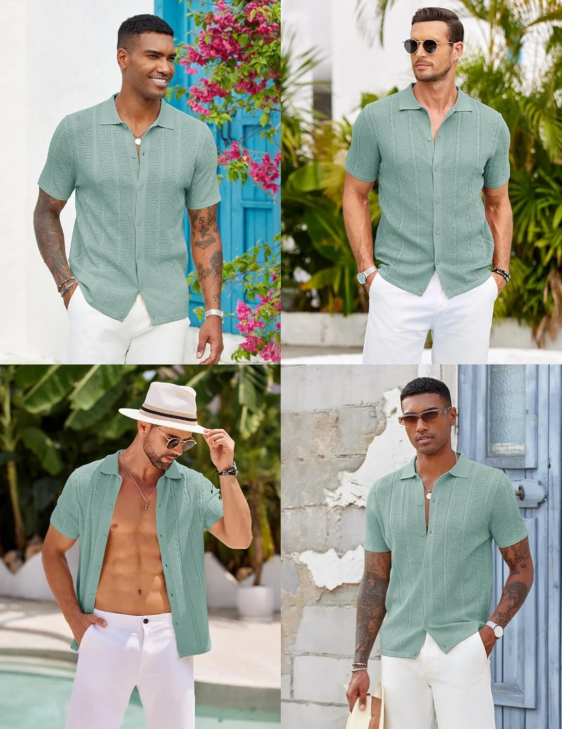 COOFANDY Mens Knit Button Down Shirts Casual Textured Polo Shirt Short Sleeve Vintage Summer Beach Tops