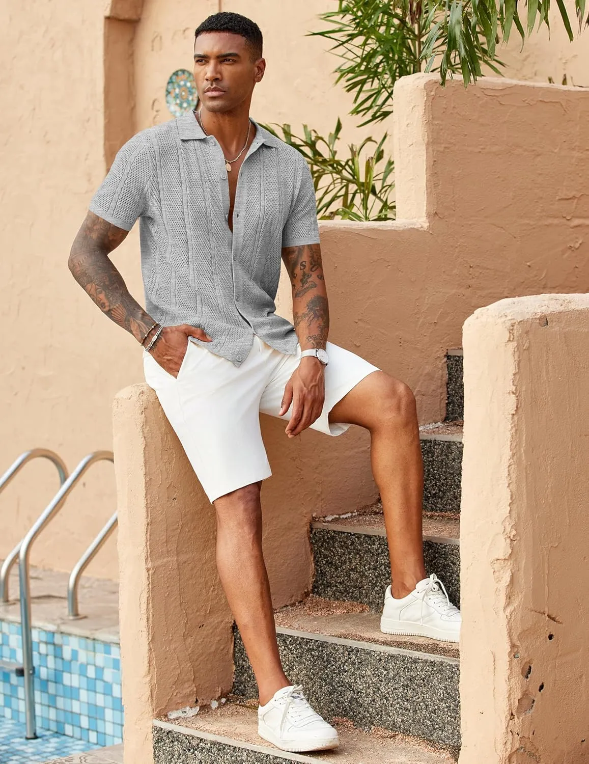 COOFANDY Mens Knit Button Down Shirts Casual Textured Polo Shirt Short Sleeve Vintage Summer Beach Tops
