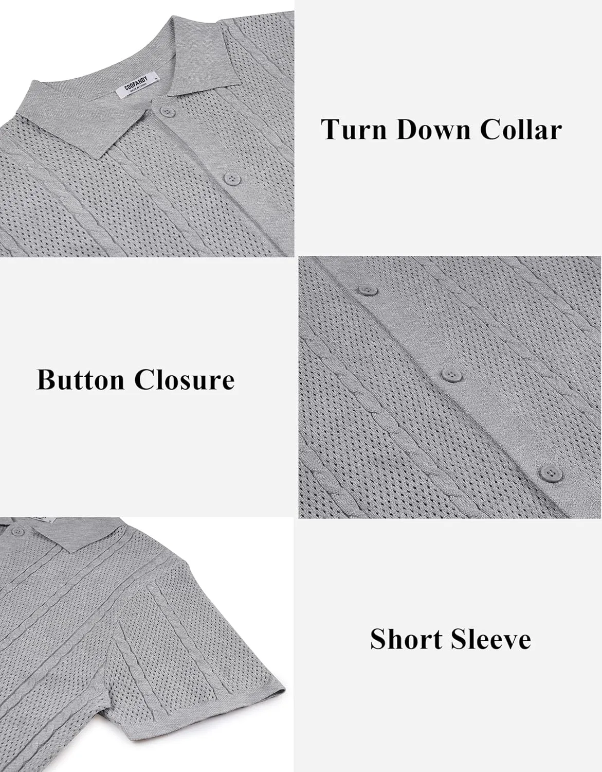 COOFANDY Mens Knit Button Down Shirts Casual Textured Polo Shirt Short Sleeve Vintage Summer Beach Tops