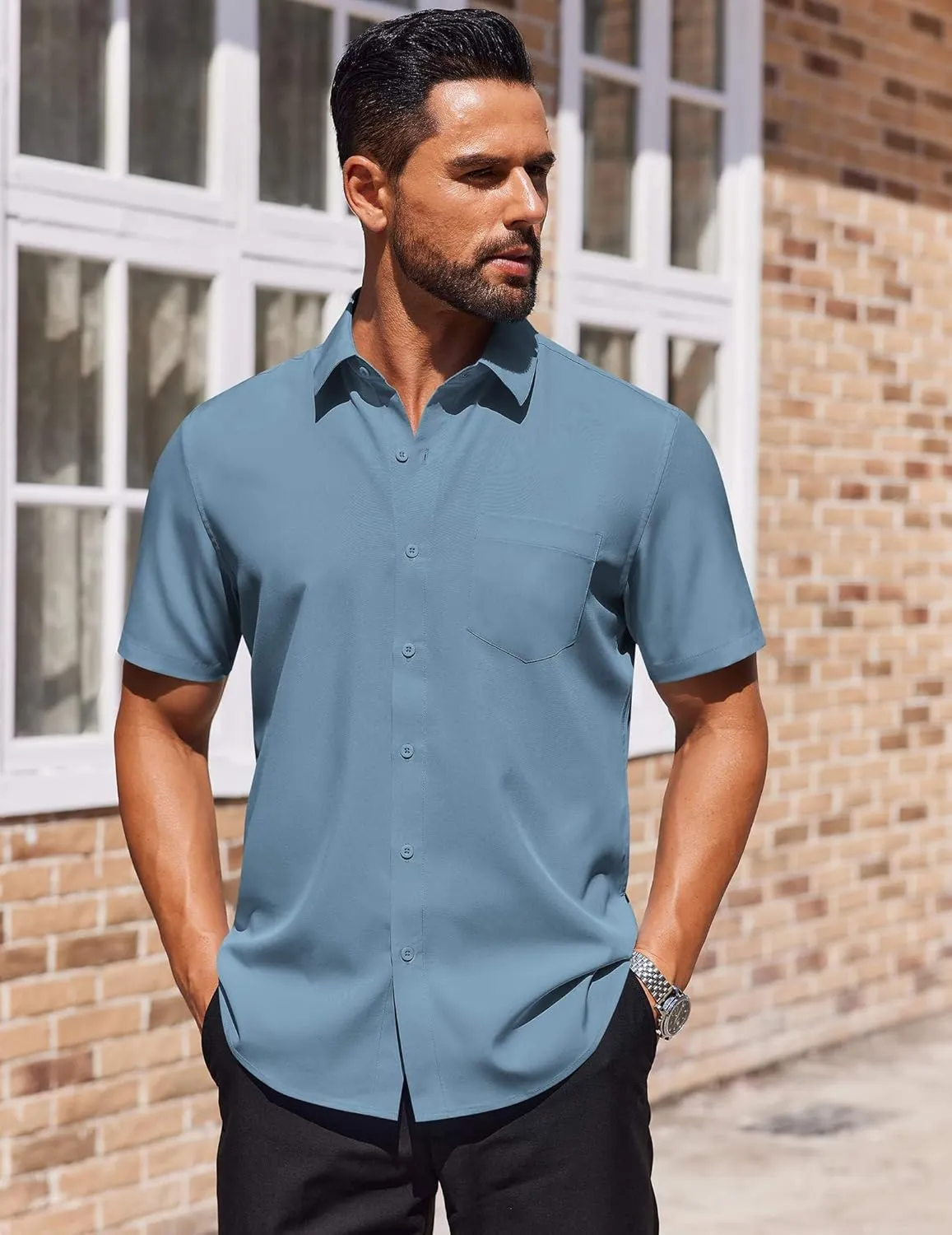 COOFANDY Mens Short Sleeve Button Down Shirts Lightweight Stain Shield Business Casual Dress Shirt Wrinkle Free