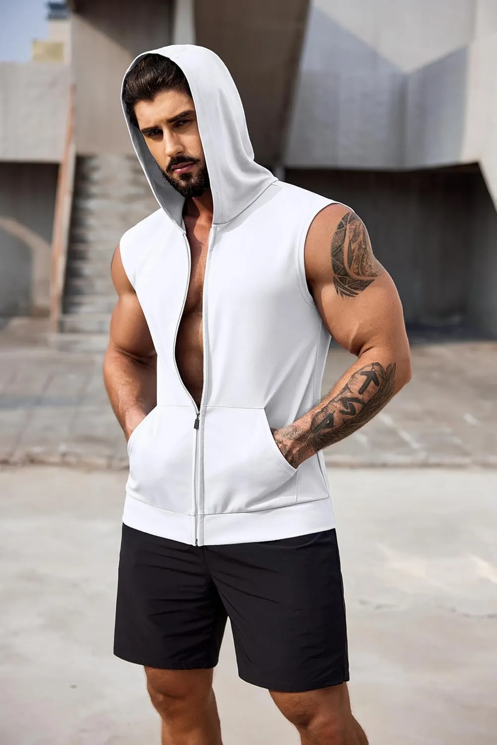 COOFANDY Men's Workout Hooded Tank Tops 2 Pack Zip Up Sleeveless Gym Shirts Muscle Cut Off T Shirt Bodybuilding Hoodies