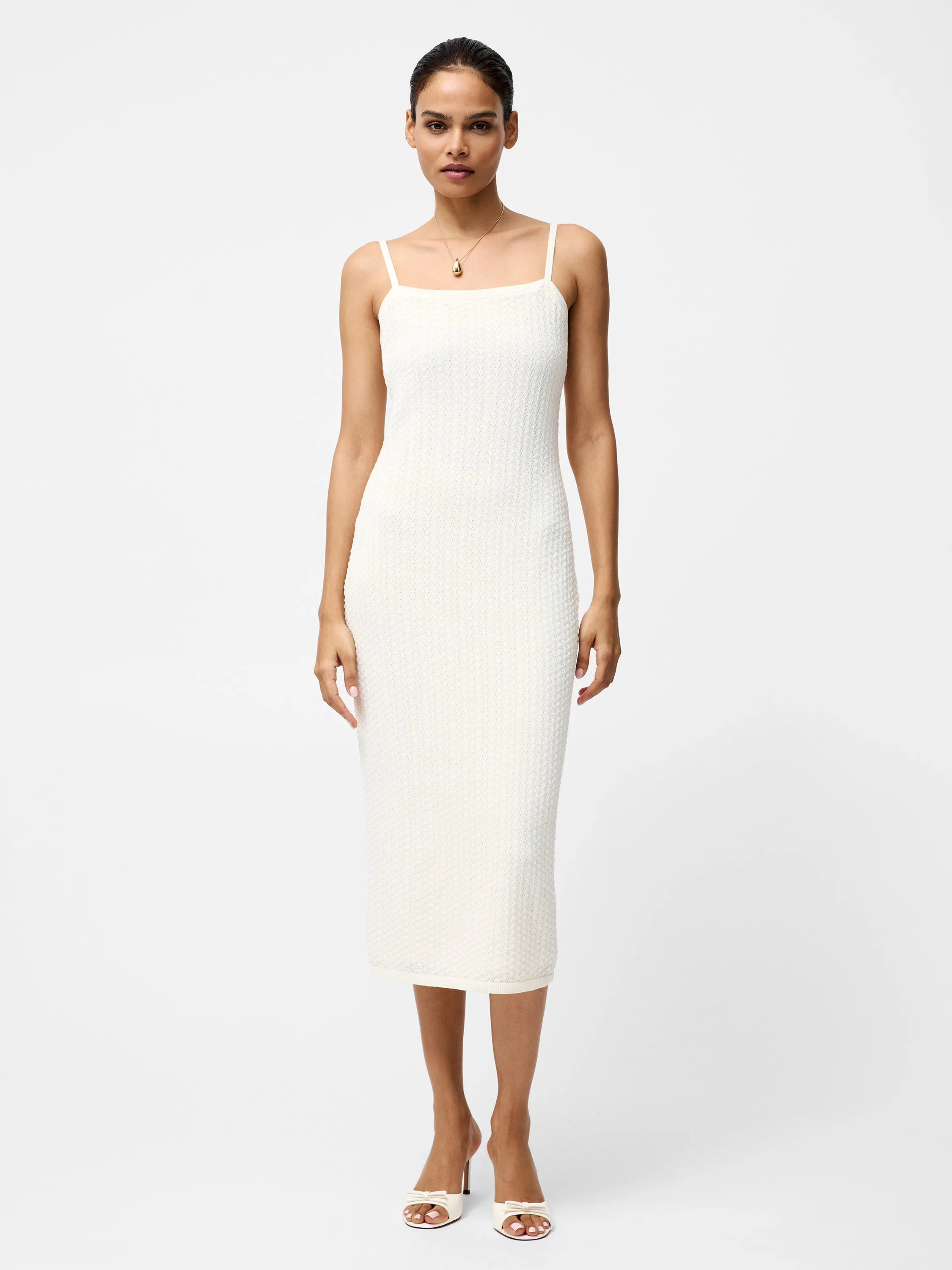 Cotton Blend Pointelle Knit Midi Dress