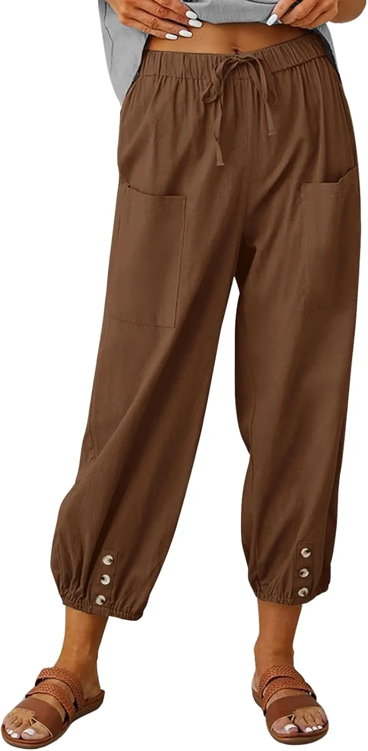 Cotton Pants for Women Casual Plus Size High Waist Drawstring Button Capris with Pockets for Women