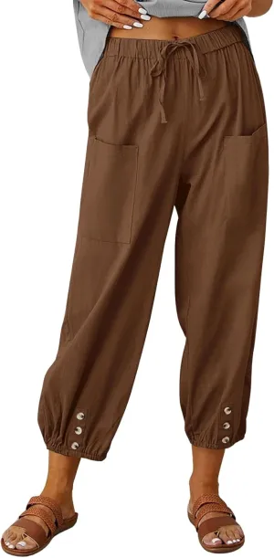 Cotton Pants for Women Casual Plus Size High Waist Drawstring Button Capris with Pockets for Women