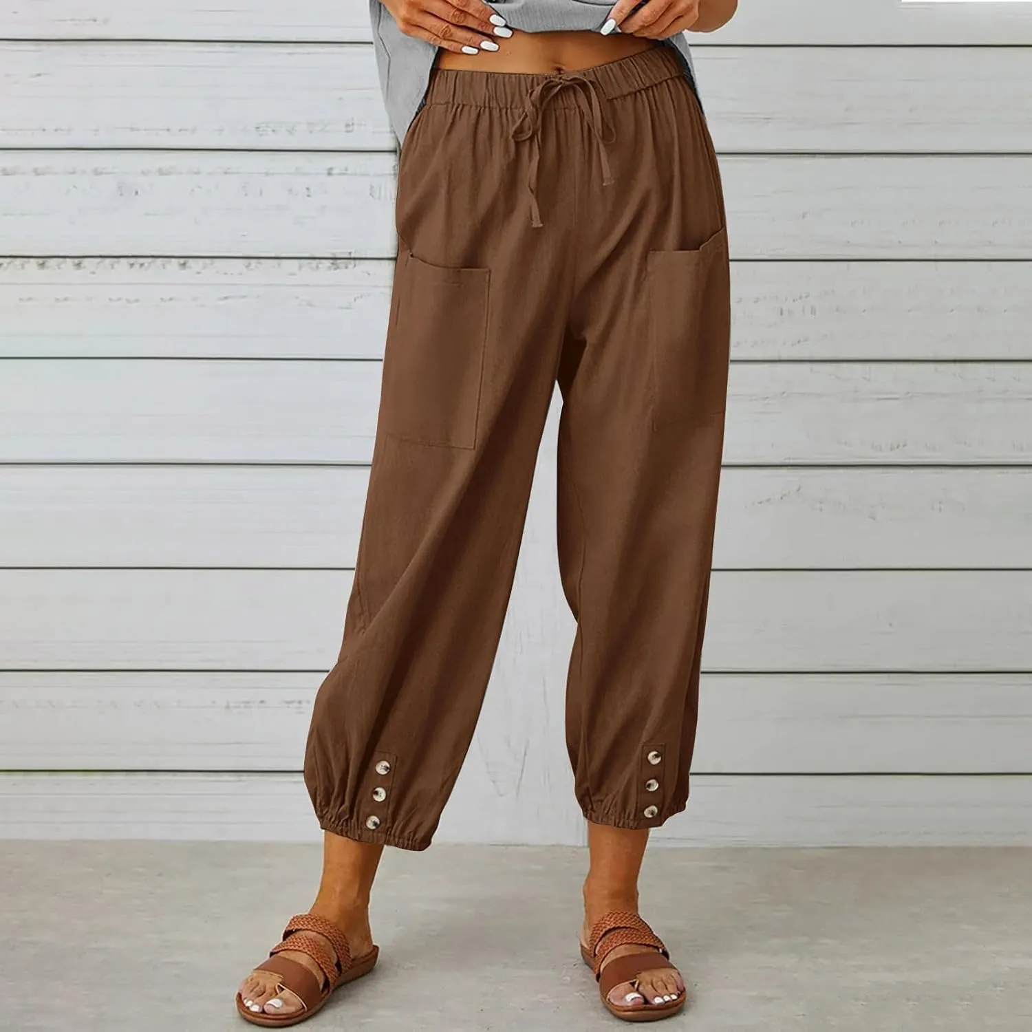 Cotton Pants for Women Casual Plus Size High Waist Drawstring Button Capris with Pockets for Women