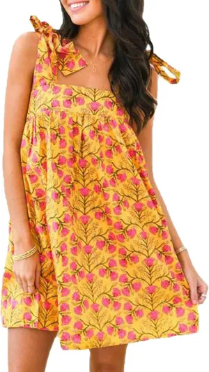 Cute Floral Mini Dresses for Women Boho Tie Shoulder Short Beach Dress Vintage Backless Tiered Flowy Ruffle Sundress