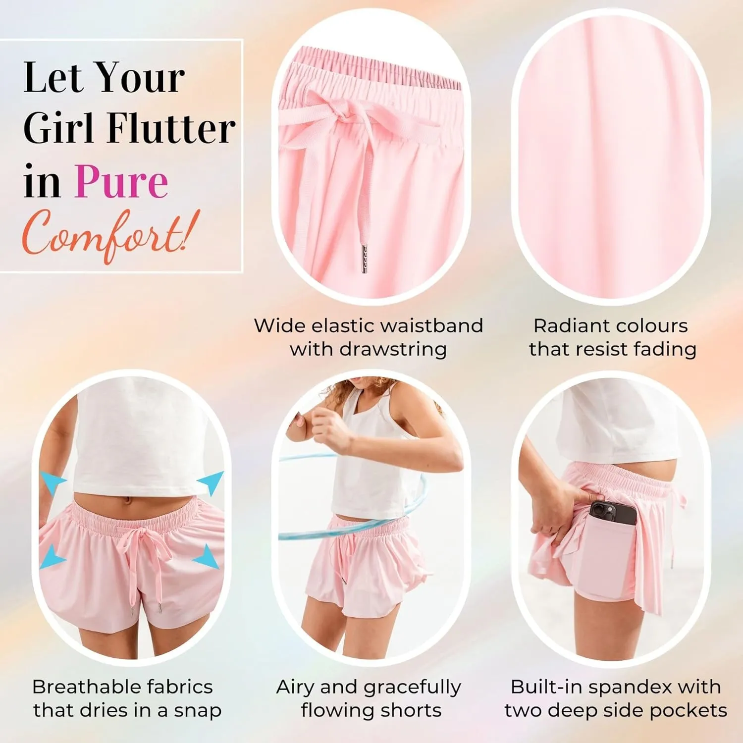 Dancina Girls Ombre Butterfly Shorts - Flowy Athletic 2-in-1 Preppy Skorts with Inner Pockets and Liner for Kids Ages 2-16