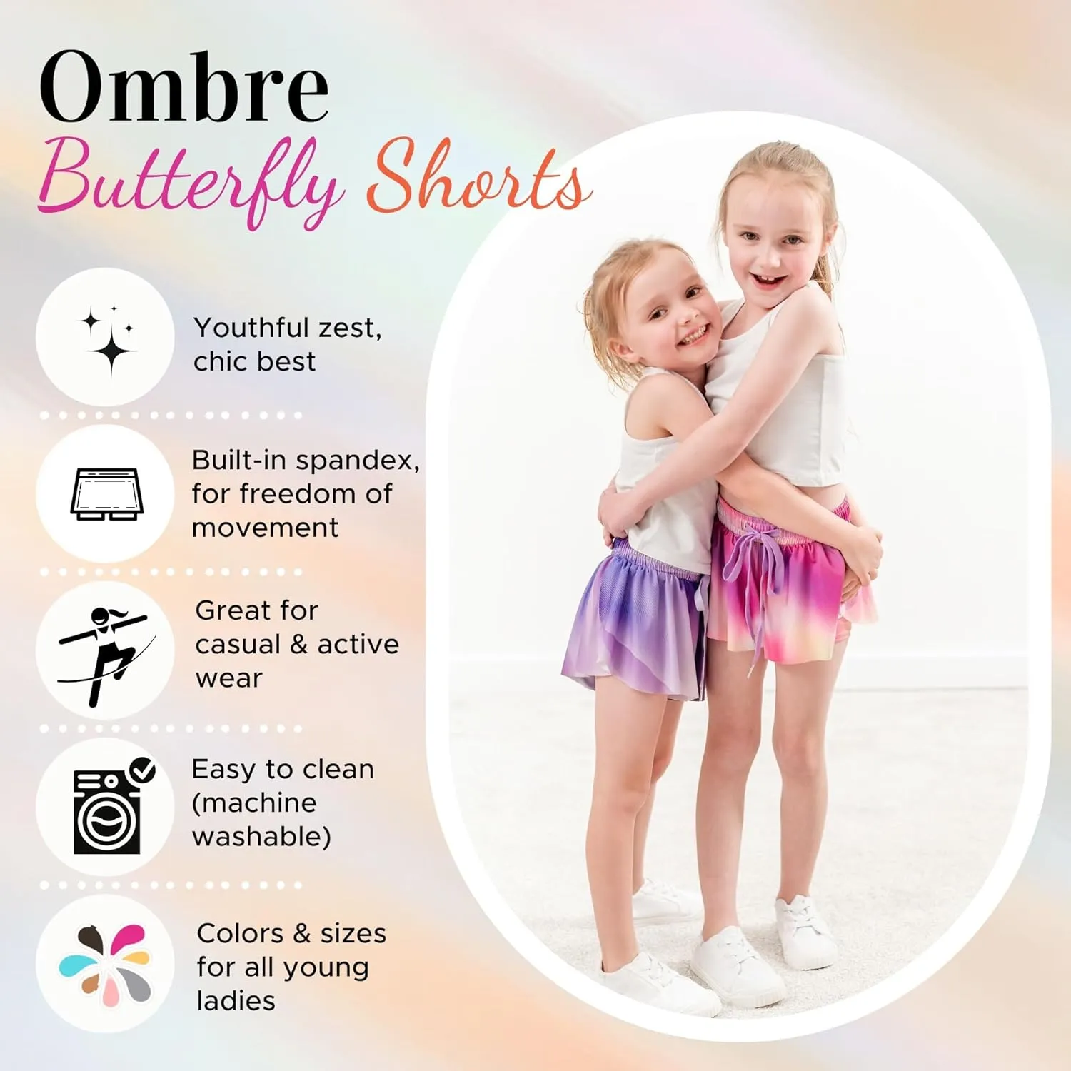 Dancina Girls Ombre Butterfly Shorts - Flowy Athletic 2-in-1 Preppy Skorts with Inner Pockets and Liner for Kids Ages 2-16
