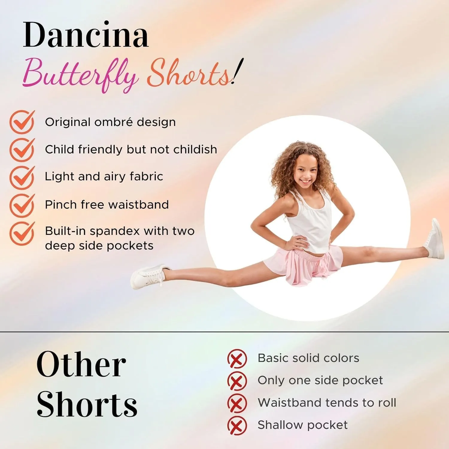 Dancina Girls Ombre Butterfly Shorts - Flowy Athletic 2-in-1 Preppy Skorts with Inner Pockets and Liner for Kids Ages 2-16