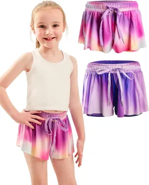 Dancina Girls Ombre Butterfly Shorts - Flowy Athletic 2-in-1 Preppy Skorts with Inner Pockets and Liner for Kids Ages 2-16