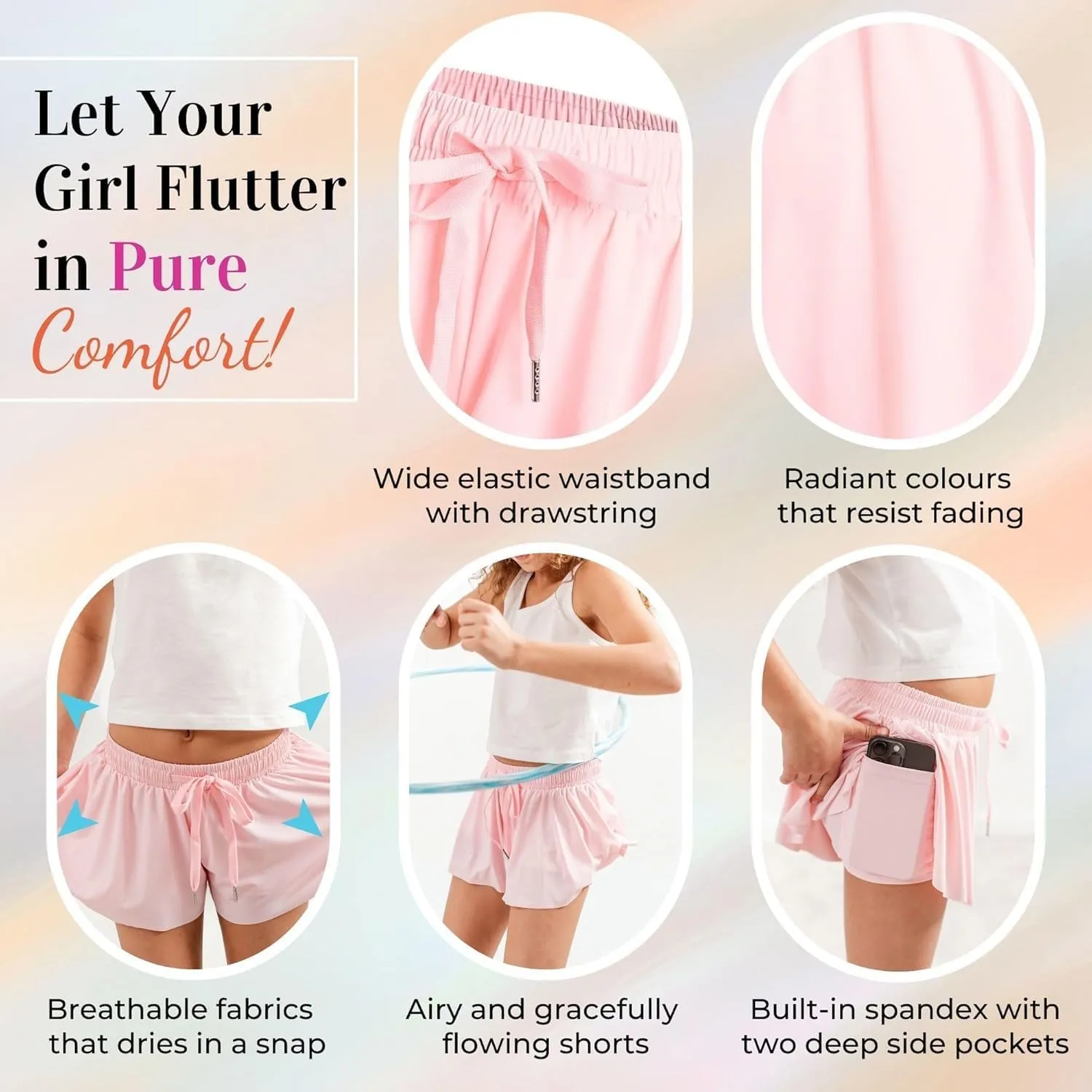 Dancina Girls Ombre Butterfly Shorts - Flowy Athletic 2-in-1 Preppy Skorts with Inner Pockets and Liner for Kids Ages 2-16