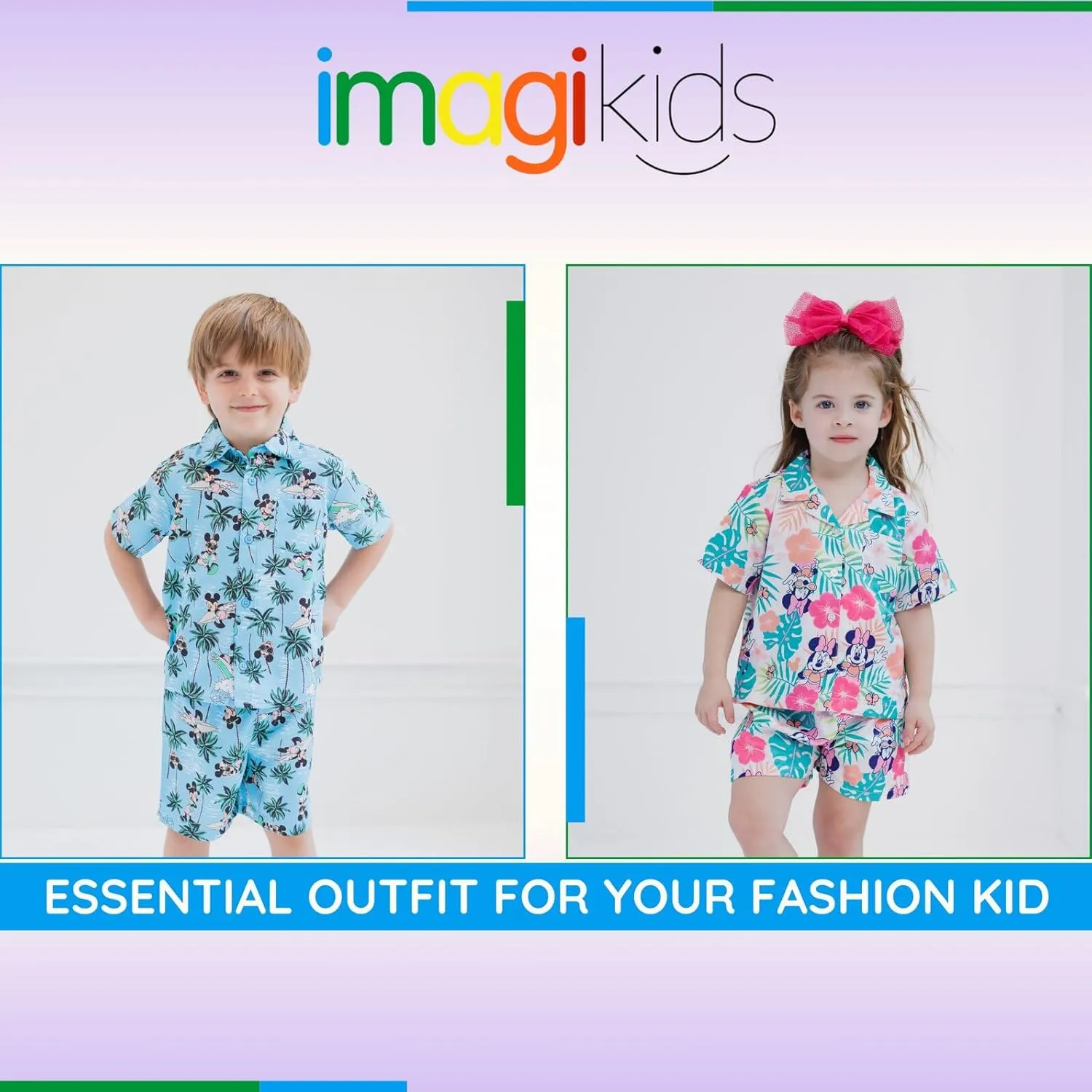 Disney Mickey Mouse Minnie Mouse Hawaiian Button Down Shirt and Shorts Outfit Set Toddler to Big Kid Sizes (2T - 14-16)