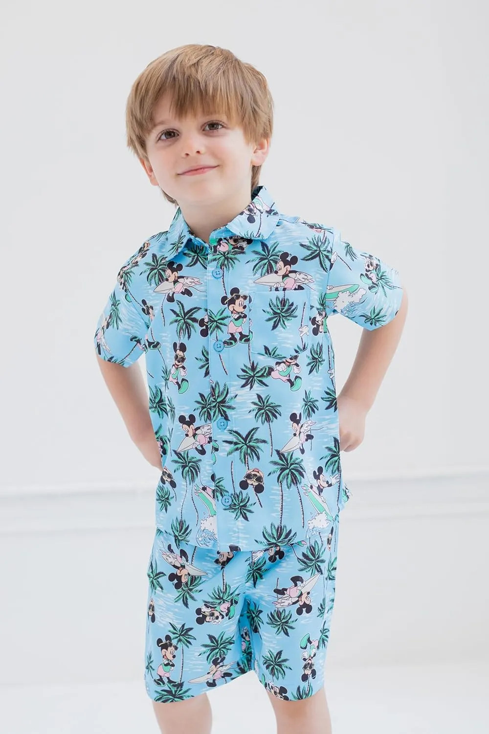 Disney Mickey Mouse Minnie Mouse Hawaiian Button Down Shirt and Shorts Outfit Set Toddler to Big Kid Sizes (2T - 14-16)