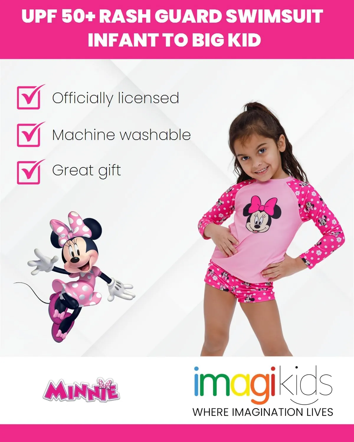 Disney Minnie Mouse UPF 50  Rash Guard and Swim Shorts Swimsuit Set Infant to Big Kid
