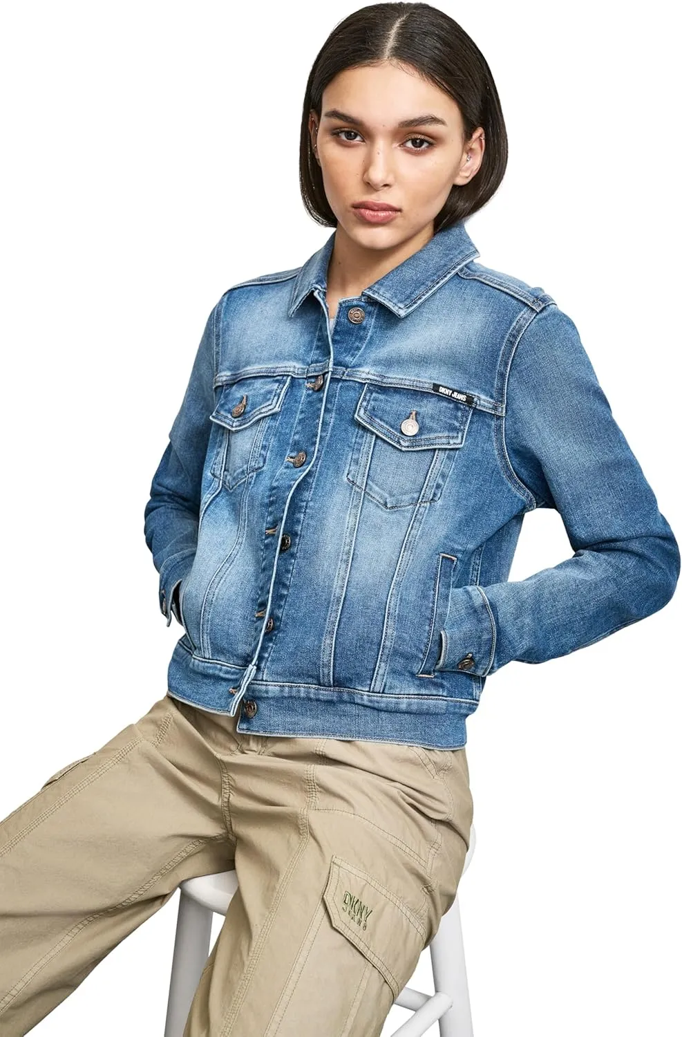 DKNY Women's Denim Fashionable Cropped Jeans Jacket