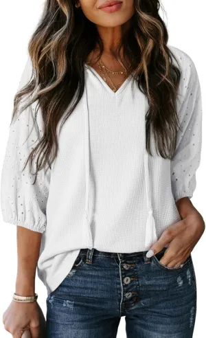 Dokotoo Spring Summer Tops for Women 2025 Dressy Casual V Neck Blouses Cute 3/4 Sleeve Length Babydoll Tops