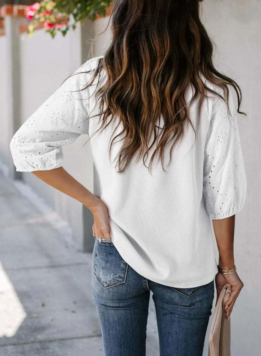 Dokotoo Spring Summer Tops for Women 2025 Dressy Casual V Neck Blouses Cute 3/4 Sleeve Length Babydoll Tops