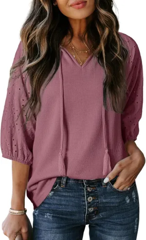Dokotoo Spring Summer Tops for Women 2025 Dressy Casual V Neck Blouses Cute 3/4 Sleeve Length Babydoll Tops