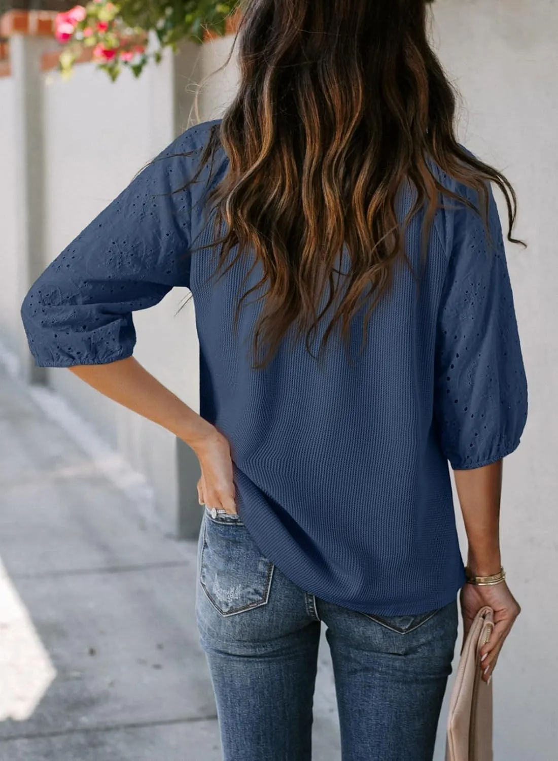 Dokotoo Spring Summer Tops for Women 2025 Dressy Casual V Neck Blouses Cute 3/4 Sleeve Length Babydoll Tops