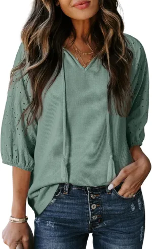 Dokotoo Spring Summer Tops for Women 2025 Dressy Casual V Neck Blouses Cute 3/4 Sleeve Length Babydoll Tops