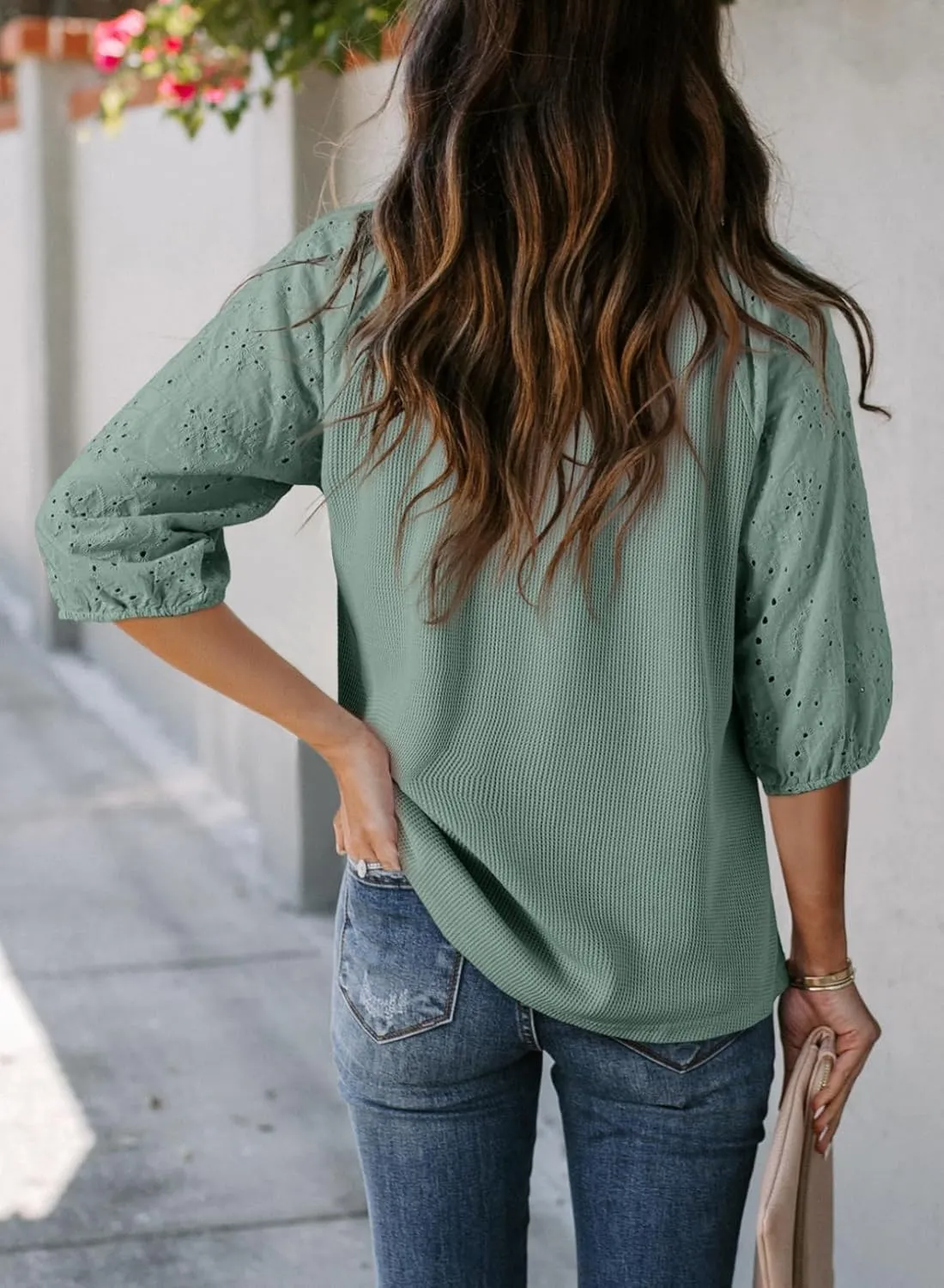 Dokotoo Spring Summer Tops for Women 2025 Dressy Casual V Neck Blouses Cute 3/4 Sleeve Length Babydoll Tops