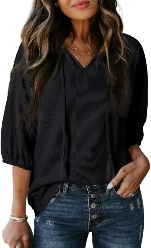 Dokotoo Spring Summer Tops for Women 2025 Dressy Casual V Neck Blouses Cute 3/4 Sleeve Length Babydoll Tops