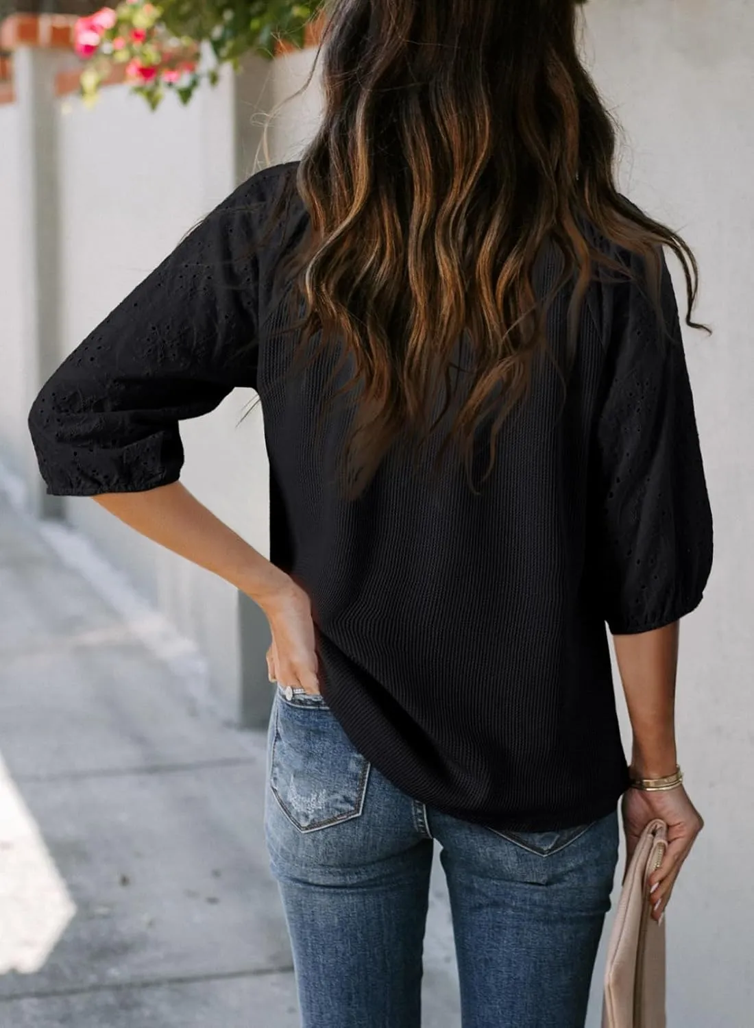 Dokotoo Spring Summer Tops for Women 2025 Dressy Casual V Neck Blouses Cute 3/4 Sleeve Length Babydoll Tops