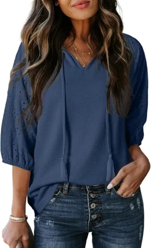 Dokotoo Spring Summer Tops for Women 2025 Dressy Casual V Neck Blouses Cute 3/4 Sleeve Length Babydoll Tops