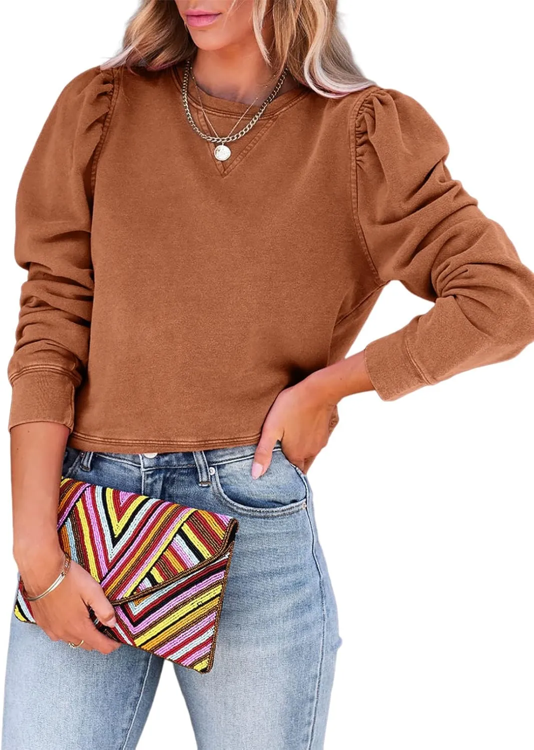 Dokotoo Womens Casual Cropped Sweatshirts Puff Sleeve Crop Pullover Crewneck Cute Tops