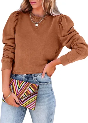 Dokotoo Womens Casual Cropped Sweatshirts Puff Sleeve Crop Pullover Crewneck Cute Tops
